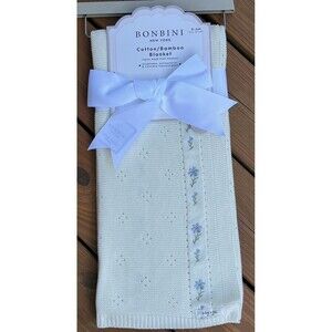 Bonbini Knit Blue Flower Embroidered Baby Blanket White Infant Girls New